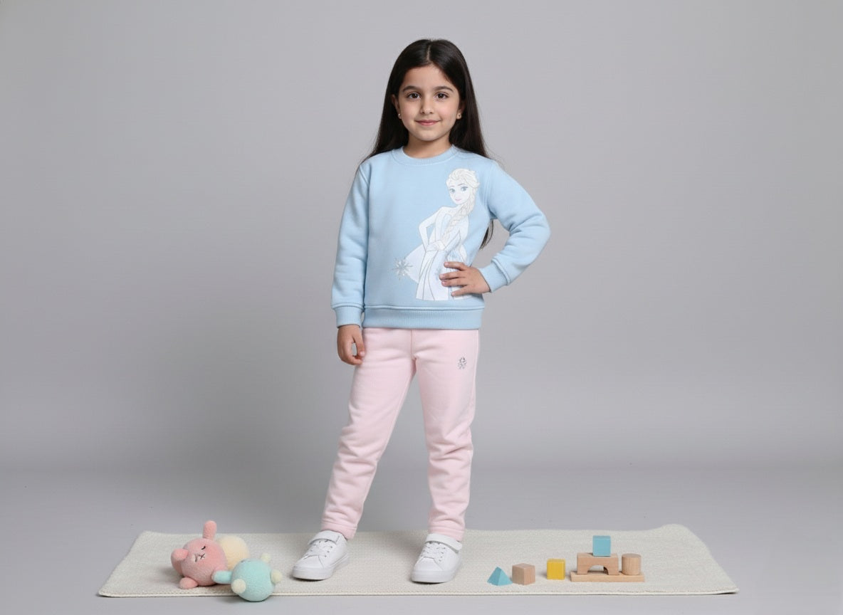 A young girl wearing a baby blue sweatshirt with a frozen design and pink pants, standing on a gray background with toys around.