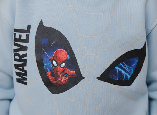Marvel Spider-Man design on a light blue fabric with spider web pattern