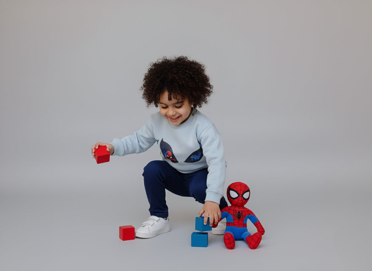 Child playing with toys including a Spider-Man figure on a plain background