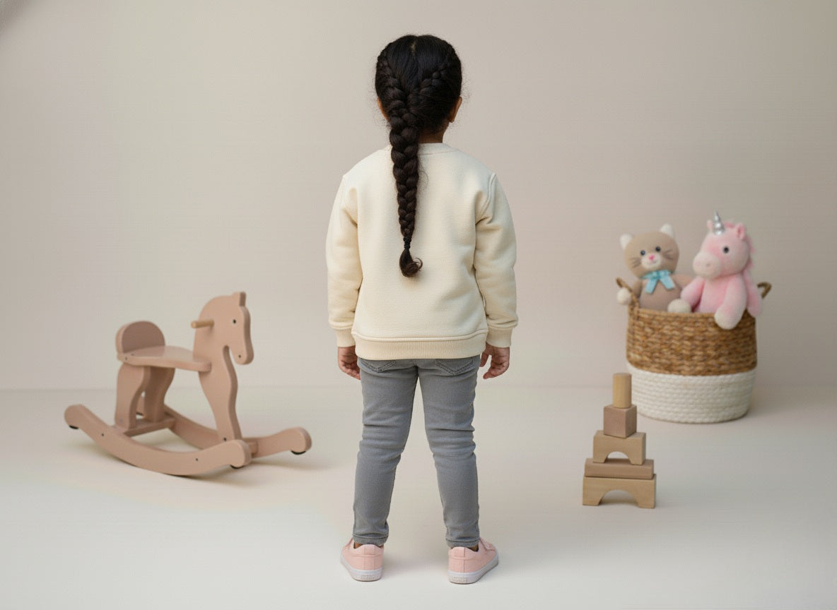 A girl standing with a wooden rocking horse and a basket of toys on a plain background