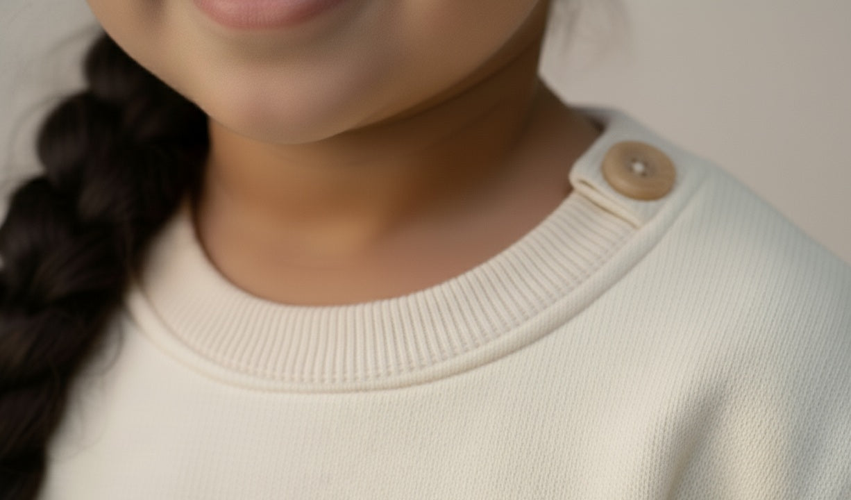 Close-up of a girl wearing a beige sweatshirt with a button detail.