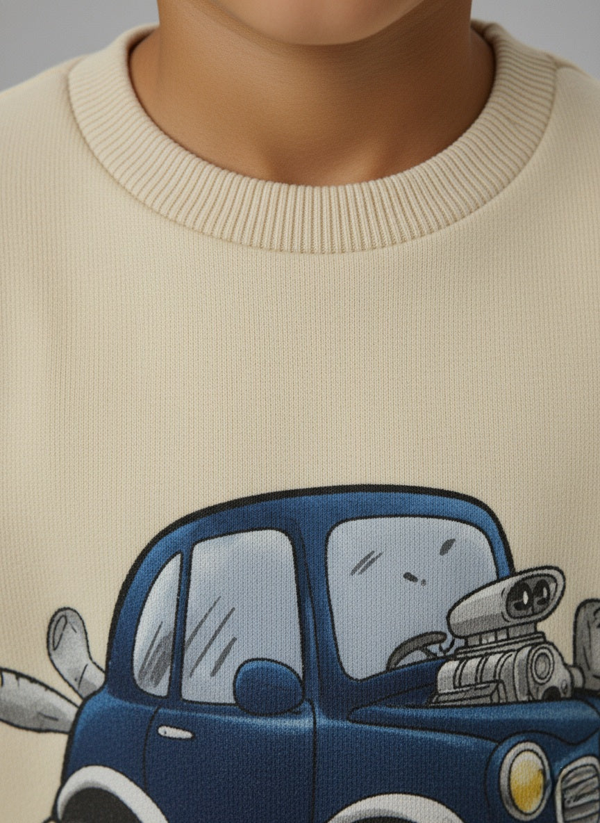 details of Beige cotton kids sweatshirt with car print, soft fleece lining, round neck- zoonikid