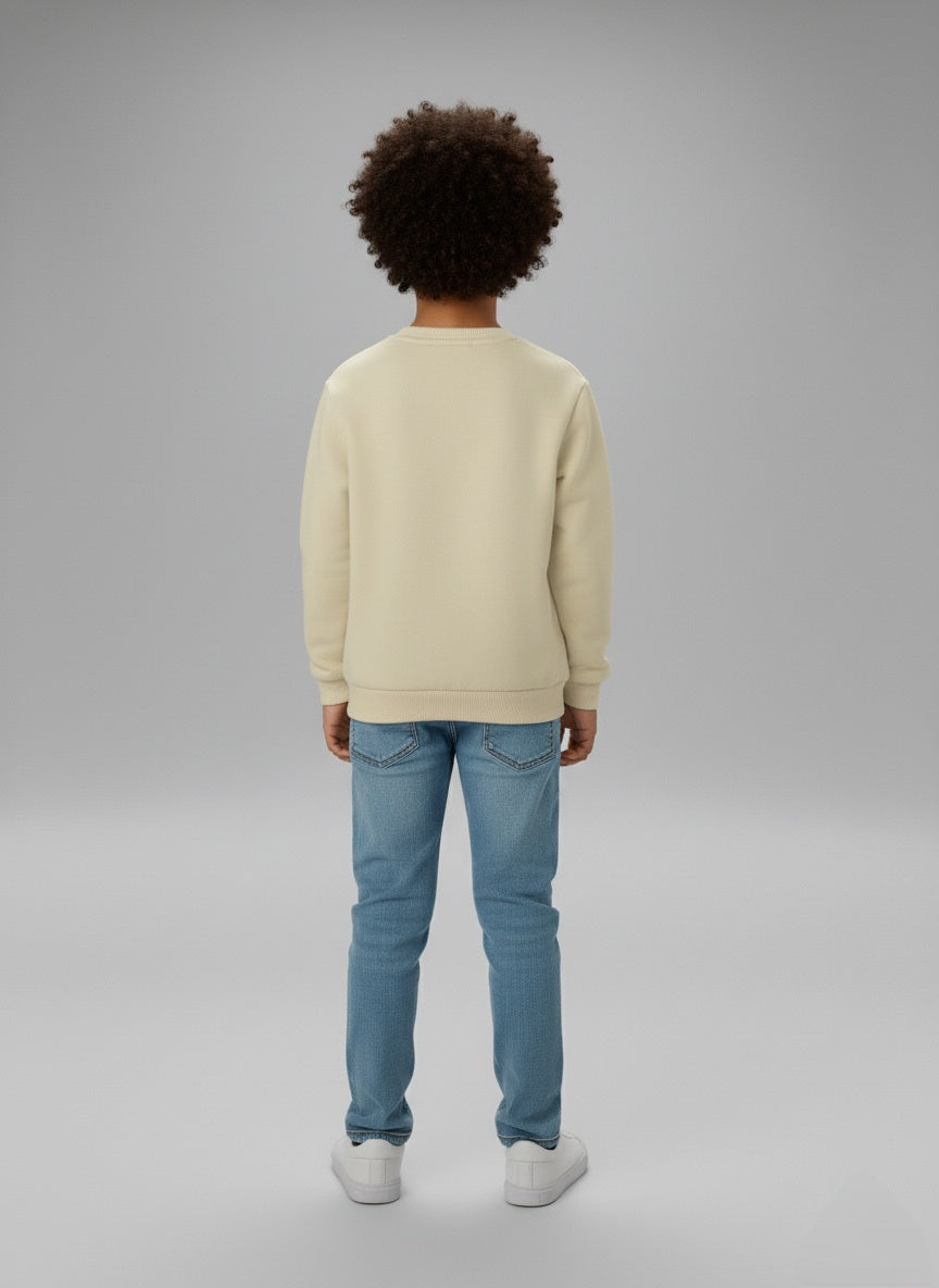 Back view of Beige cotton kids sweatshirt with car print, soft fleece lining, round neck- zoonikid