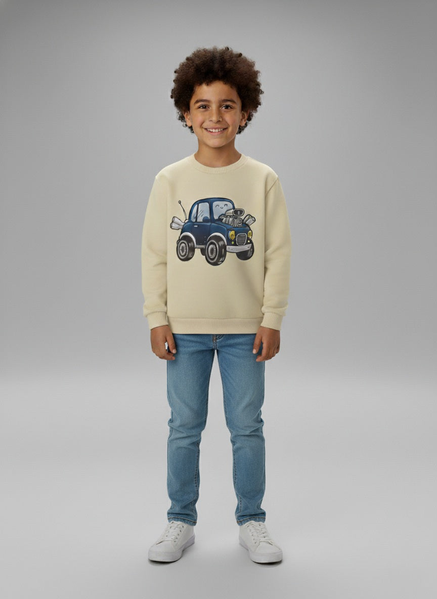 Front view of Beige cotton kids sweatshirt with car print, soft fleece lining, round neck- zoonikid