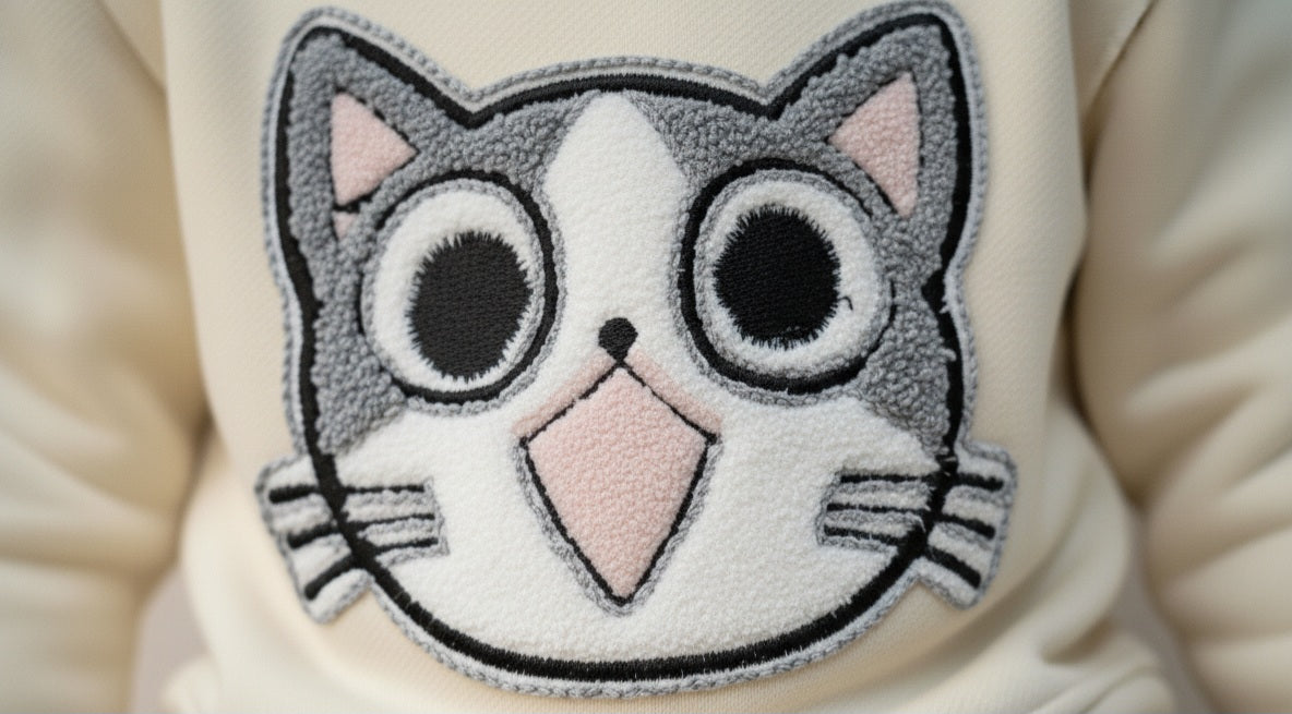 Cat-shaped patch on a beige fabric background