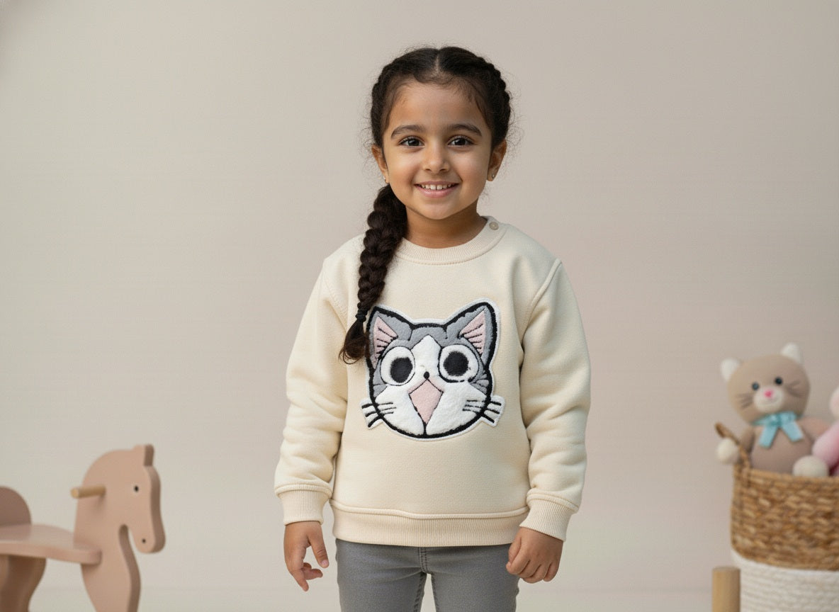 Young girl wearing a cream sweatshirt with a cat face design, standing against a plain background.