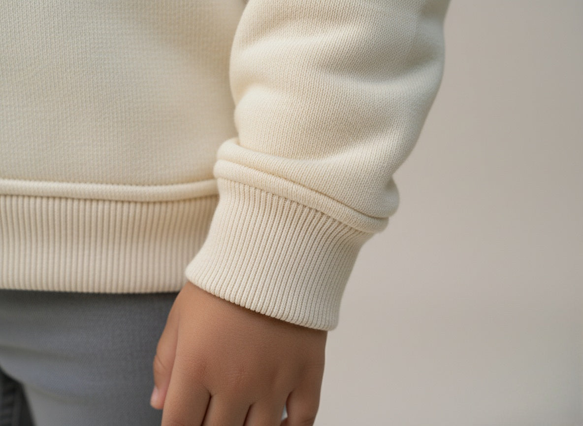 Close-up of a girl wearing a cream-colored sweatshirt with a blurred background