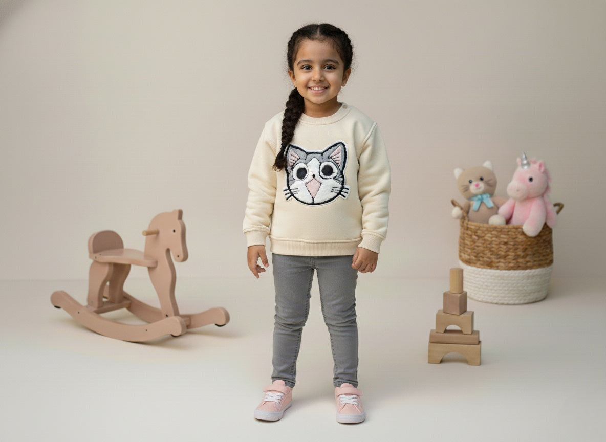 A young girl wearing a cream sweatshirt with a cat design, standing in a room with toys and a basket.