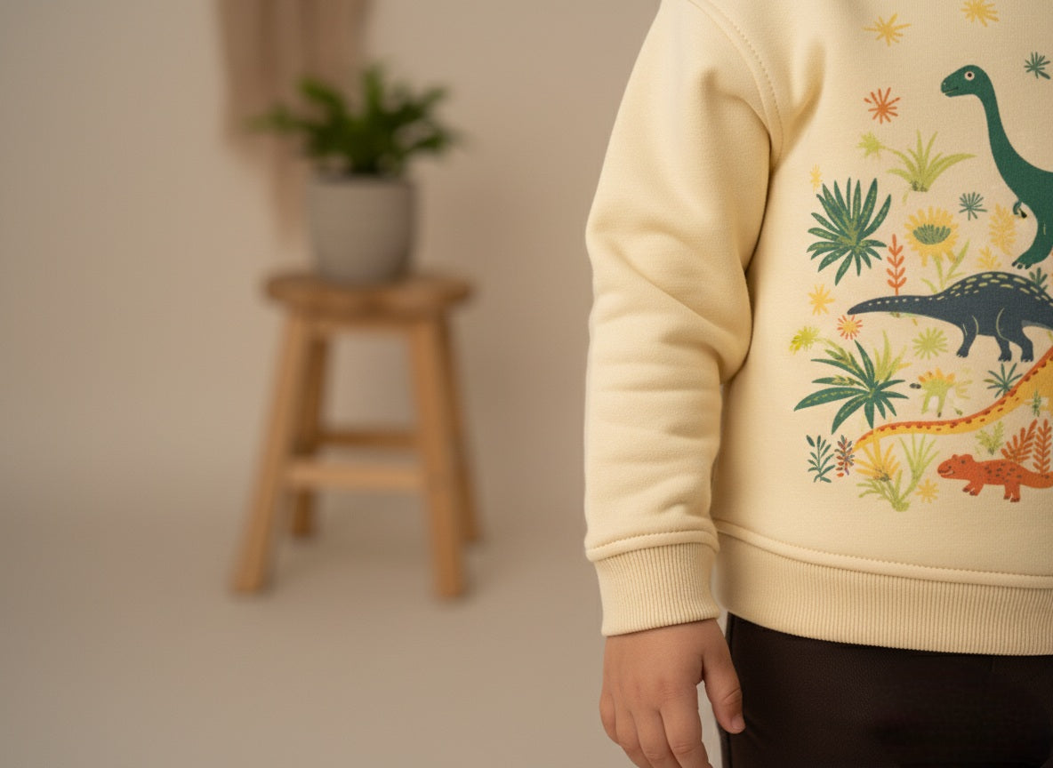 A child wearing a beige sweatshirt with dinosaurs and plant design in a room.