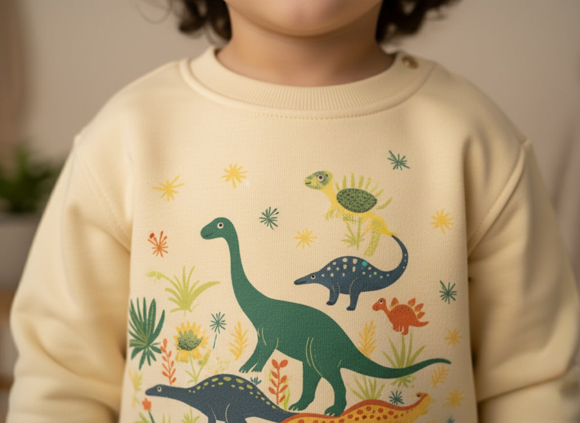 Child wearing a beige sweatshirt with dinosaurs print