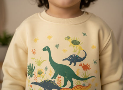 Child wearing a beige sweatshirt with dinosaurs print