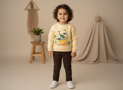 Child wearing a beige sweatshirt with dinosaurs design in a studio setting