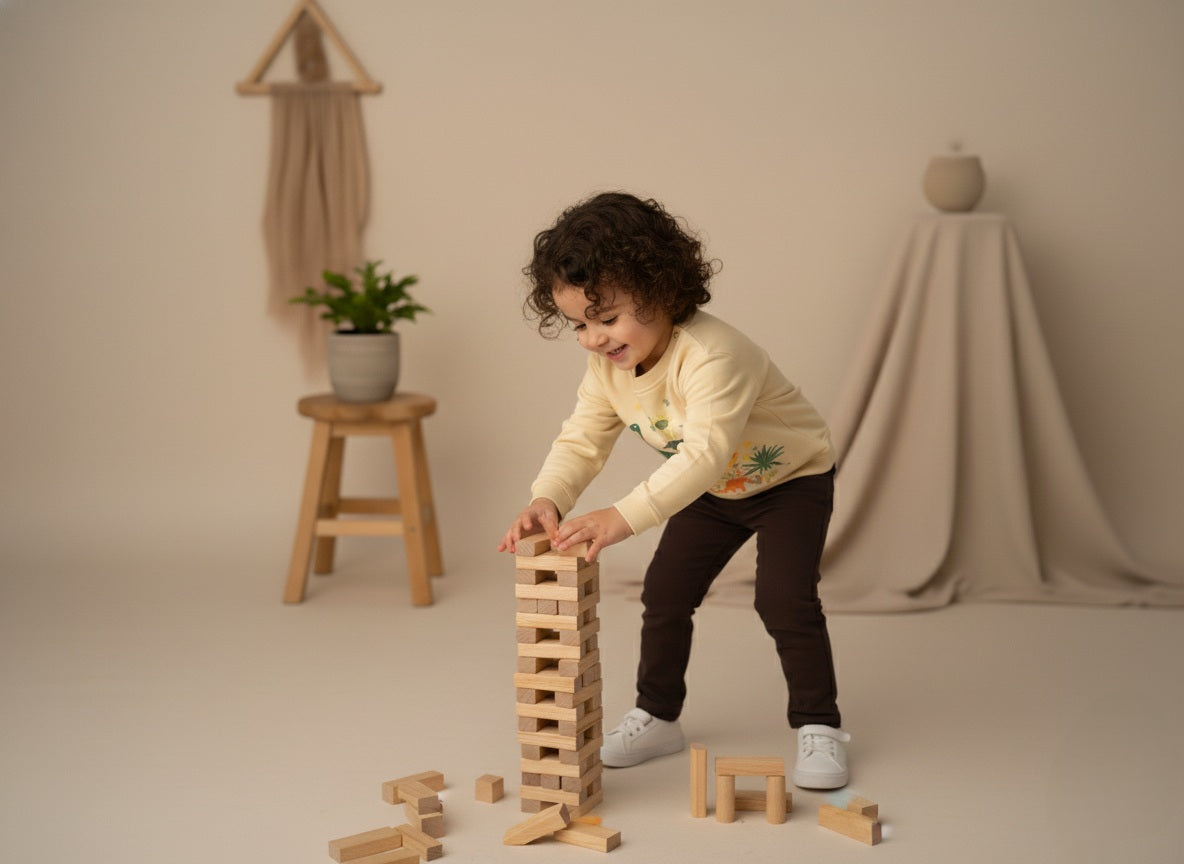 Child playing with wooden blocks in a minimalistic room.