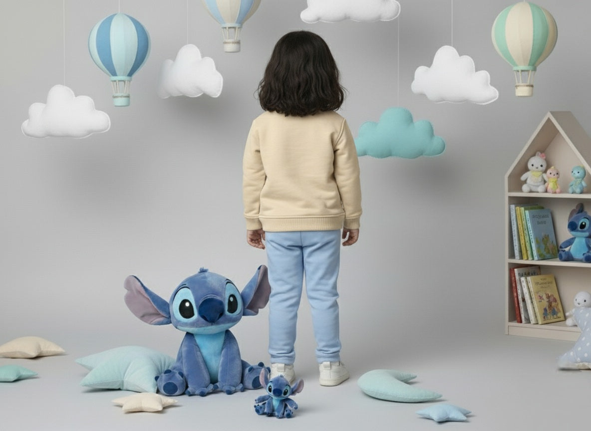 Child standing in a room with cloud decorations and a plush toy, surrounded by books and more toys.