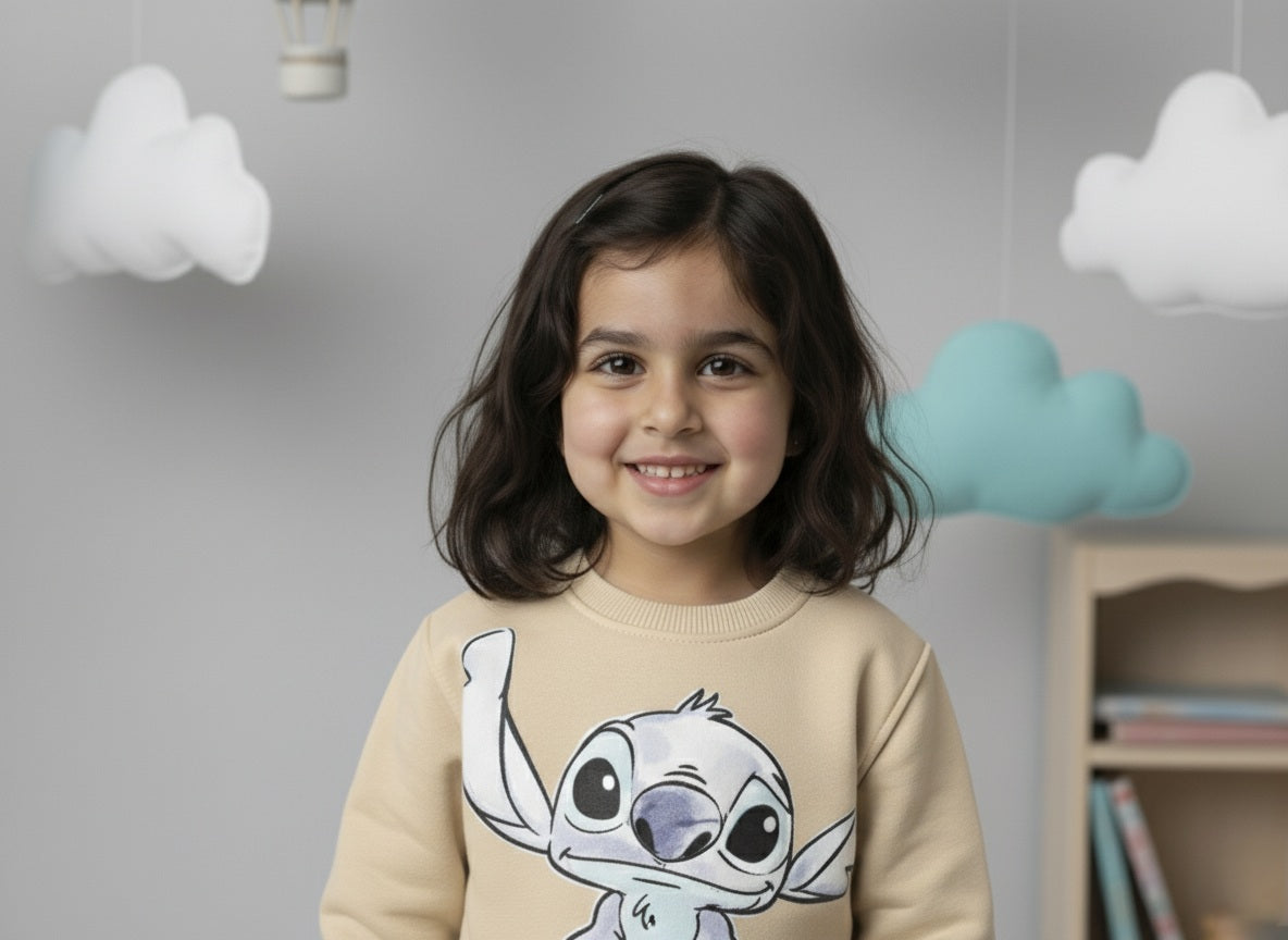 Child wearing a beige sweater with a stitch cartoon character, standing in a room with cloud decorations on the wall.