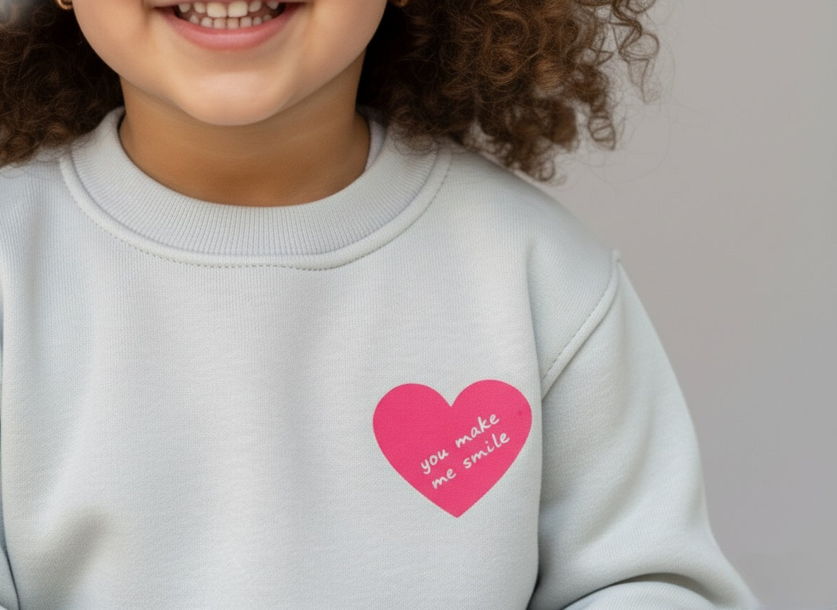 close up  of a girl wearing a light gray sweatshirt with a pink heart design on a plain background