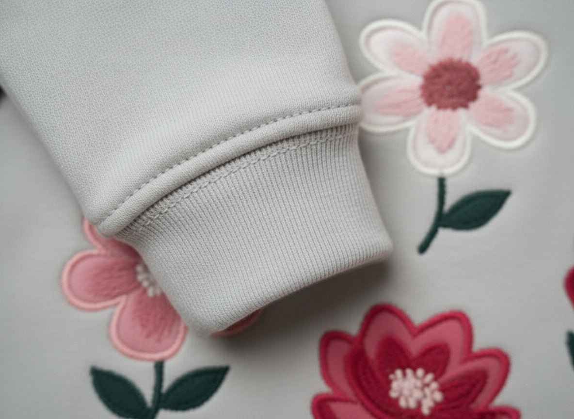 Close-up of a light gray fabric with floral embroidery on a matching fabric background.