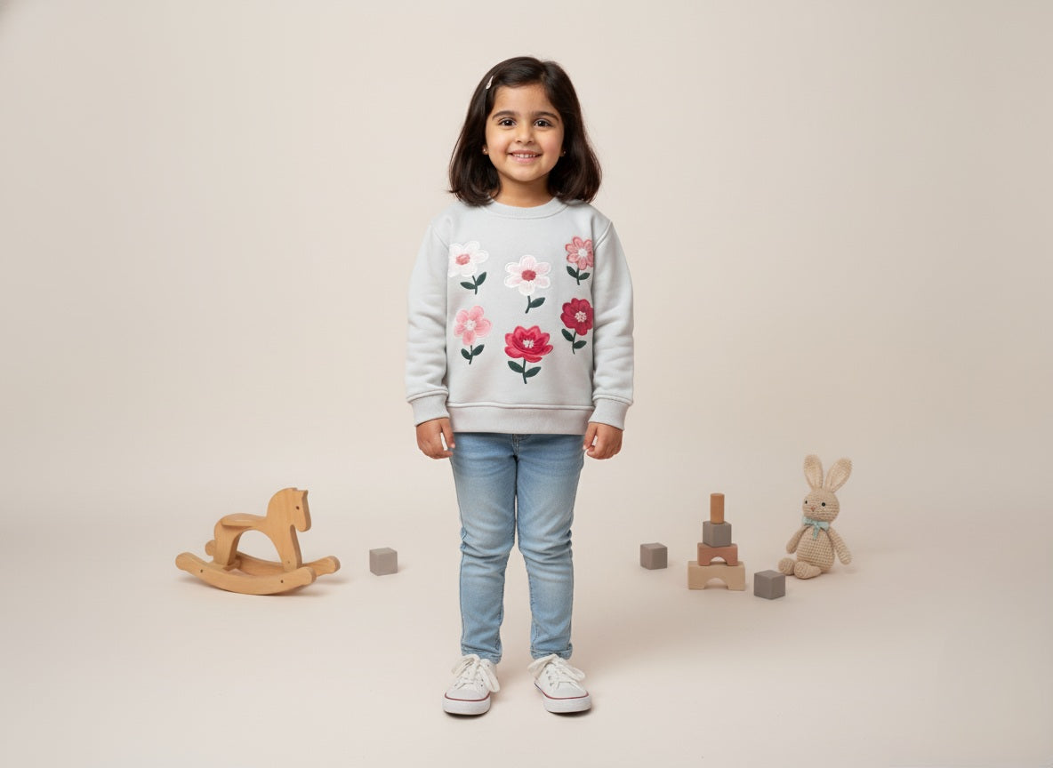 A girl wearing a floral gray sweatshirt and jeans is standing in a neutral setting with toys.