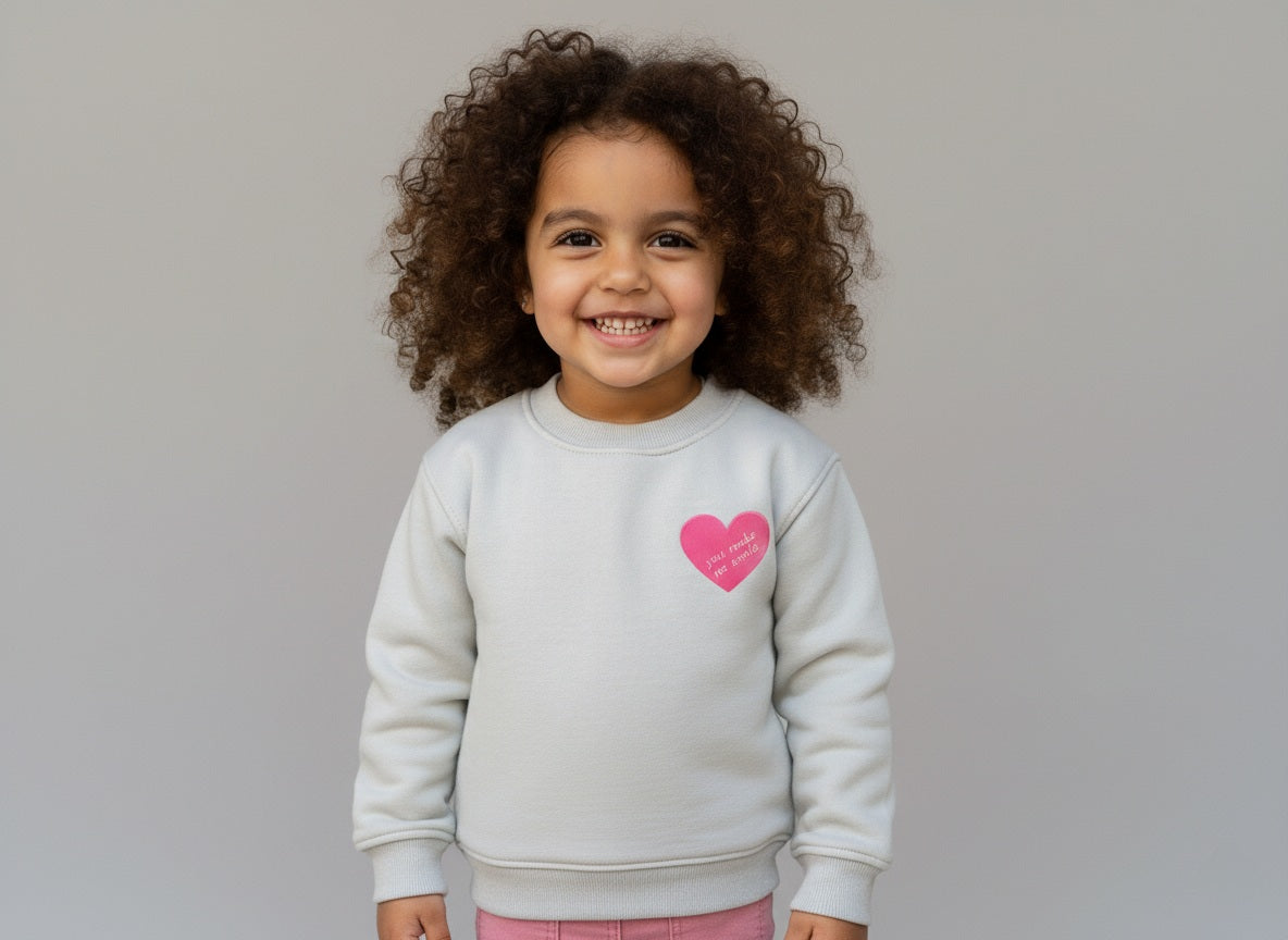 A girl wearing a light gray sweatshirt with a pink heart on a plain background