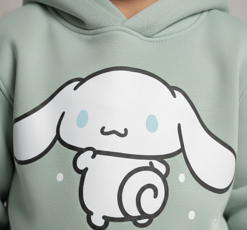 Mint green hoodie with a cinnamoroll design on a plain background