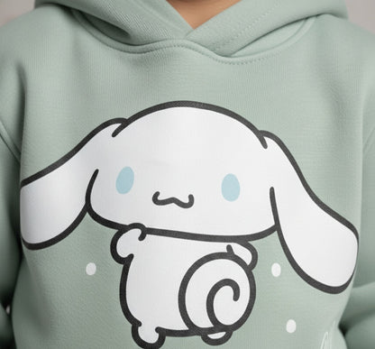 Mint green hoodie with a cinnamoroll design on a plain background
