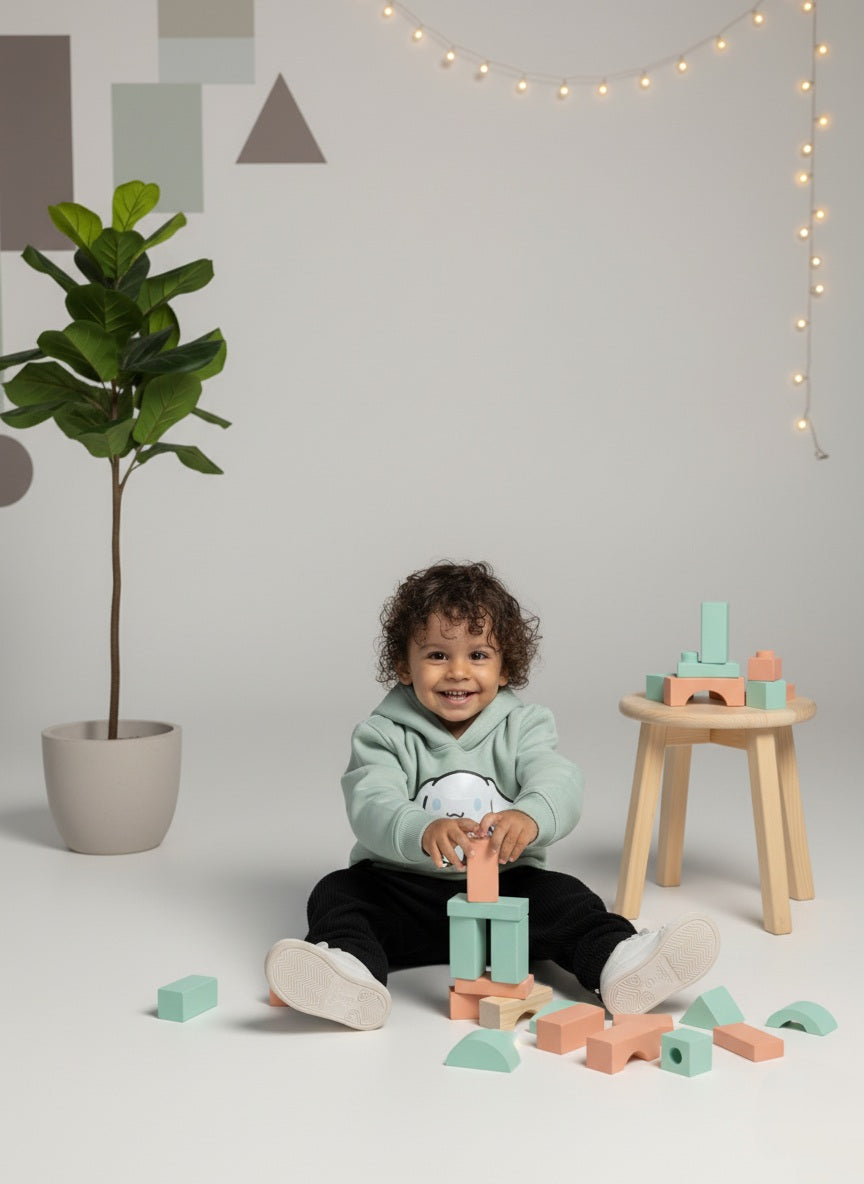 Child playing with colorful blocks in a room with a plant and wooden stool.