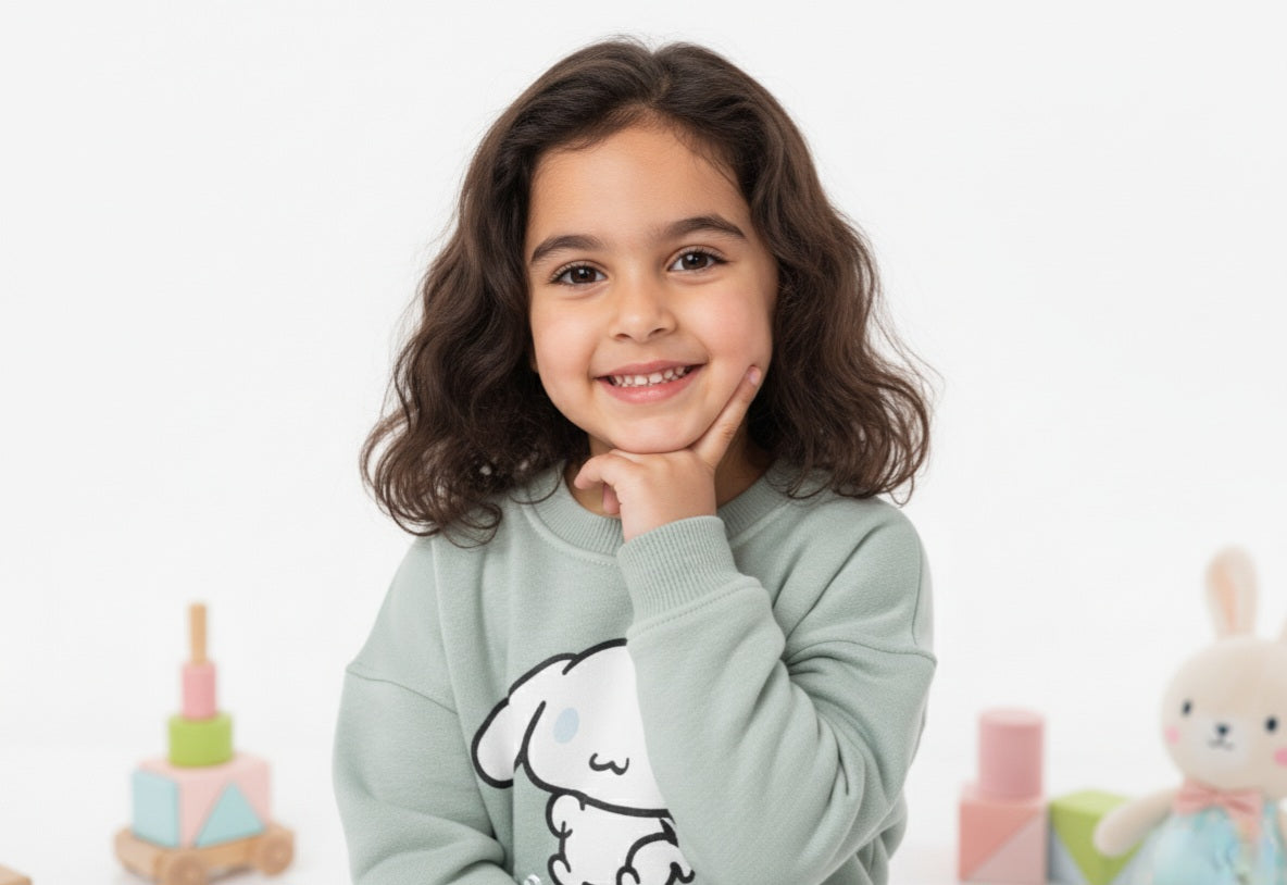 Young girl wearing a mint green sweater with a white design, sitting in front of toys on a white background