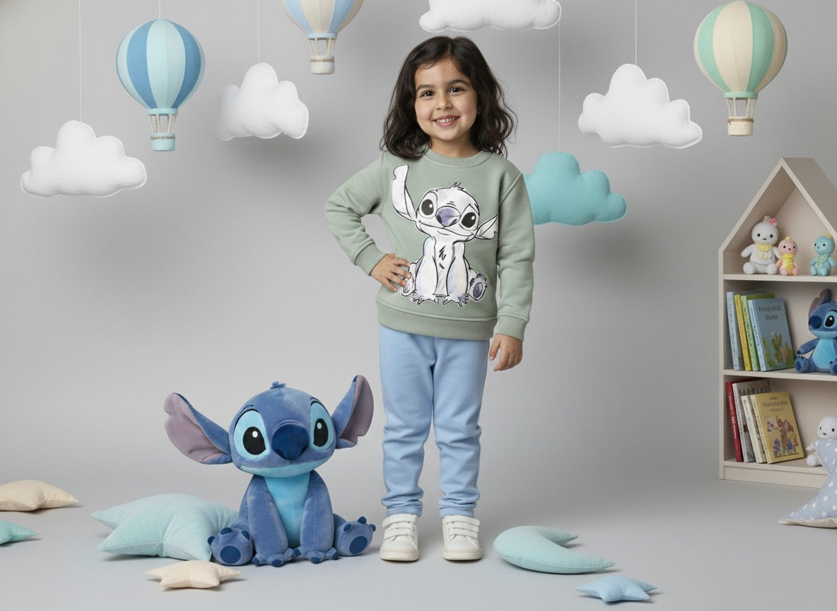 A girl wearing a mint green sweatshirt with a cute stitch, standing in a room with cloud decorations and plush toys.