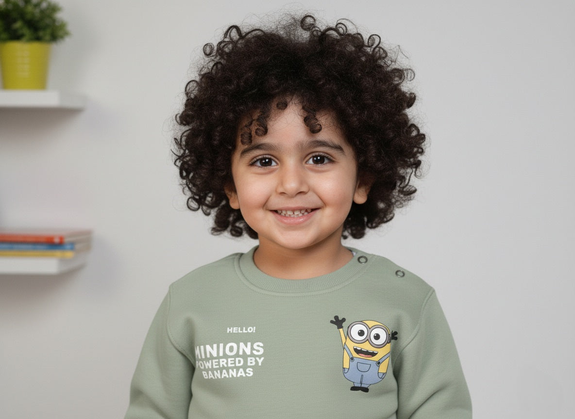 Child wearing a mint green sweatshirt with a Minions design, standing in front of a white wall with a shelf in the background.