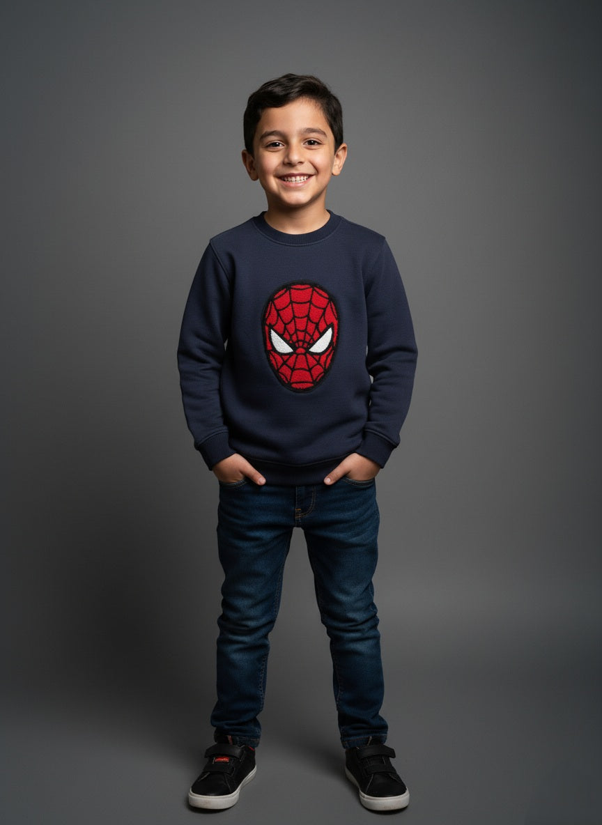 Child wearing a navy blue cotton sweatshirt with a Spider-Man logo, soft fleece lining, round neck- zoonikid