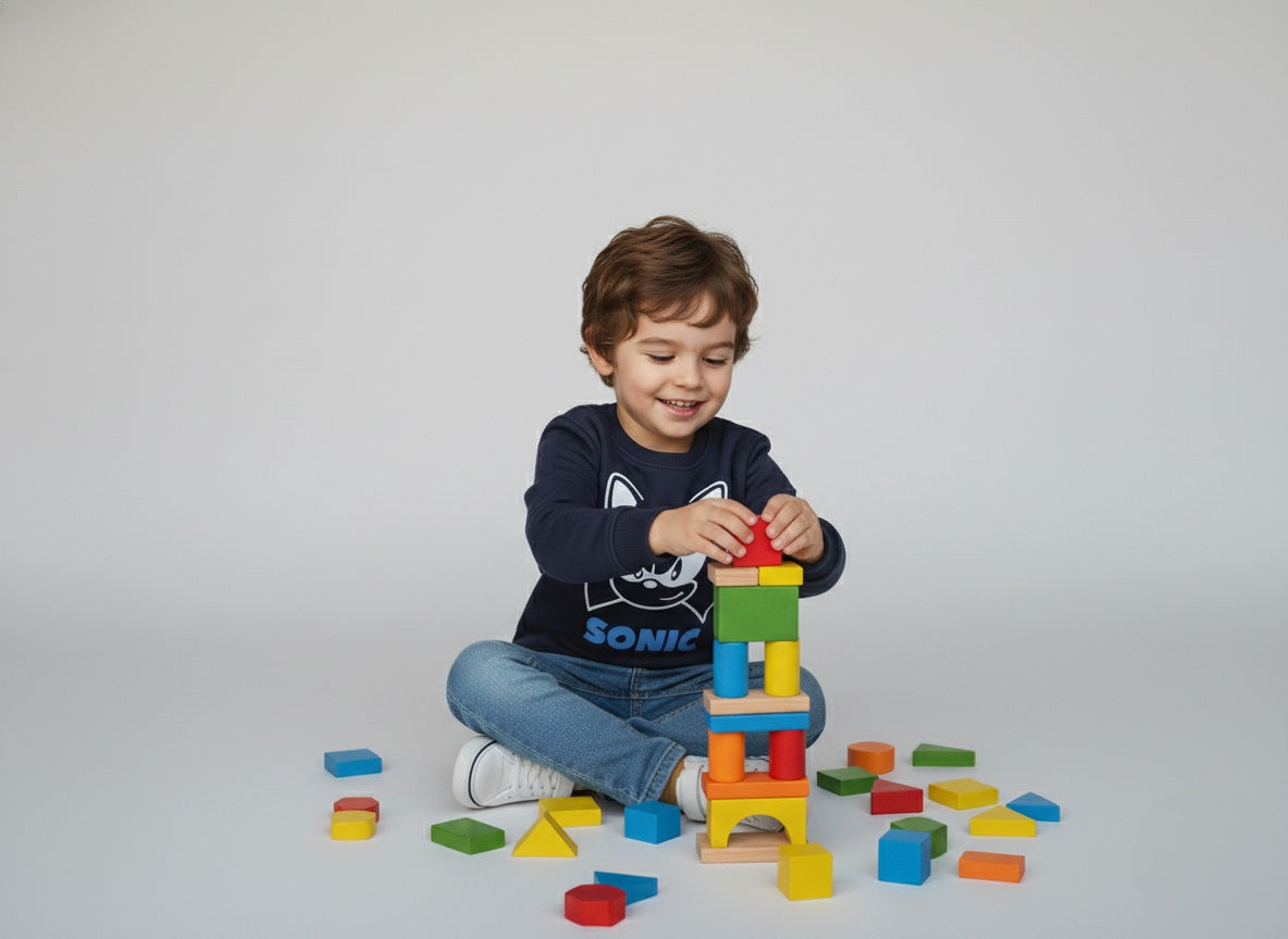 Child playing with colorful building blocks on a plain background