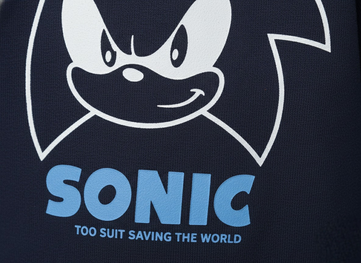 Navy blue shirt with white outline of Sonic and blue text 'SONIC TOO SUIT SAVING THE WORLD' on a dark background