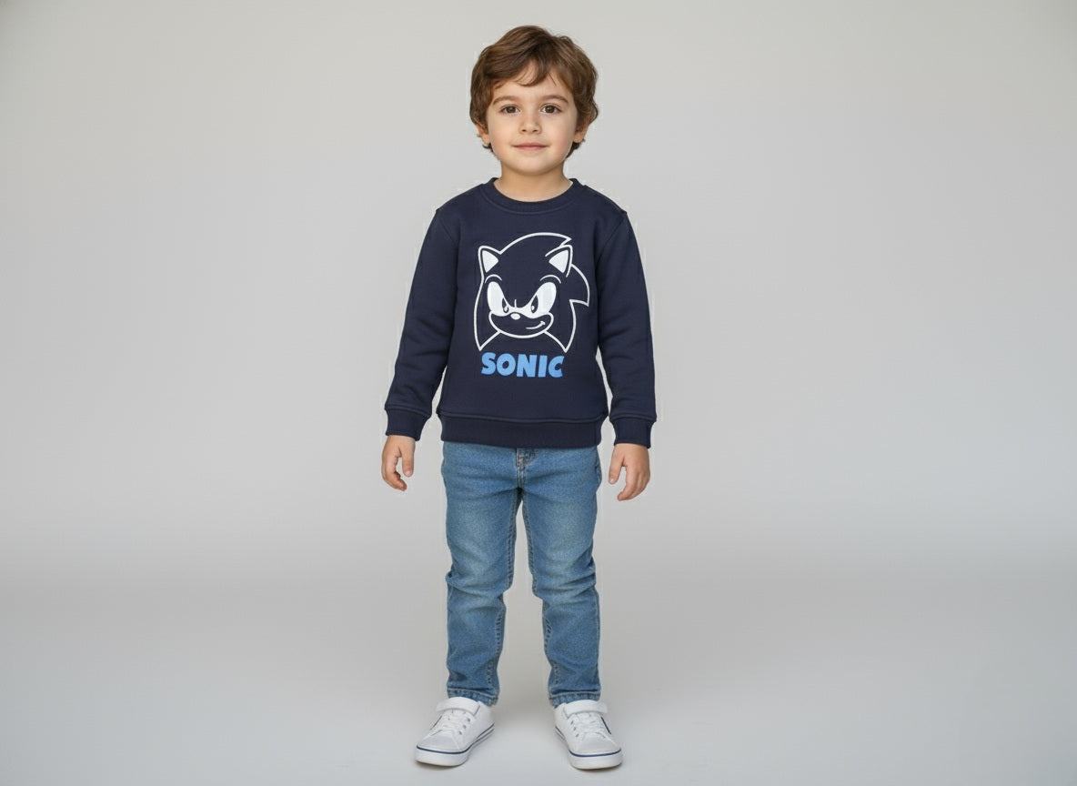 Child wearing a navy blue Sonic the Hedgehog sweatshirt on a gray background