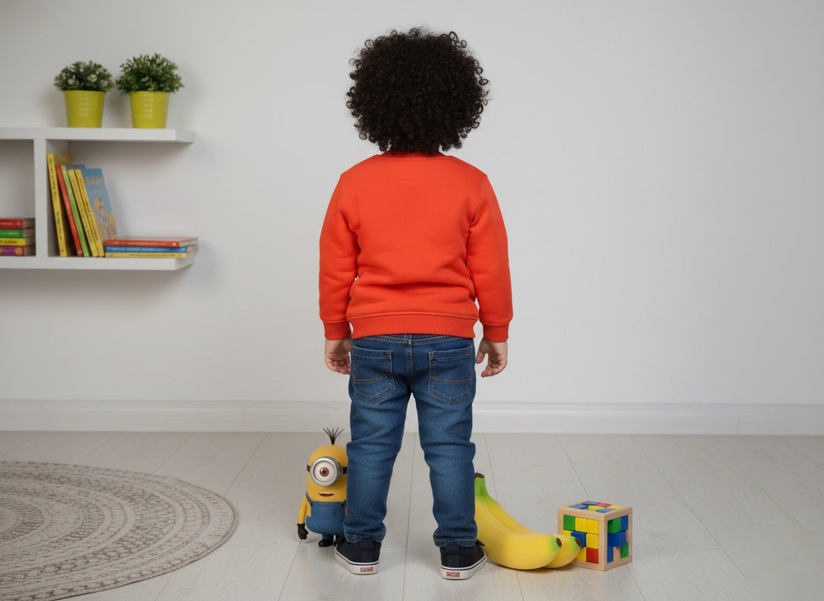 Child wearing an orange sweatshirt and blue jeans standing in a room with toys and a shelf.