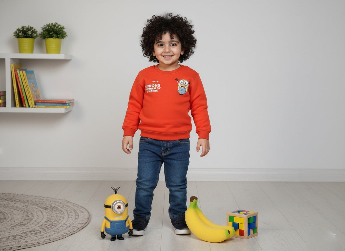 Child wearing an orange sweatshirt with a Minion cartoon character, standing in a room with toys and plants.
