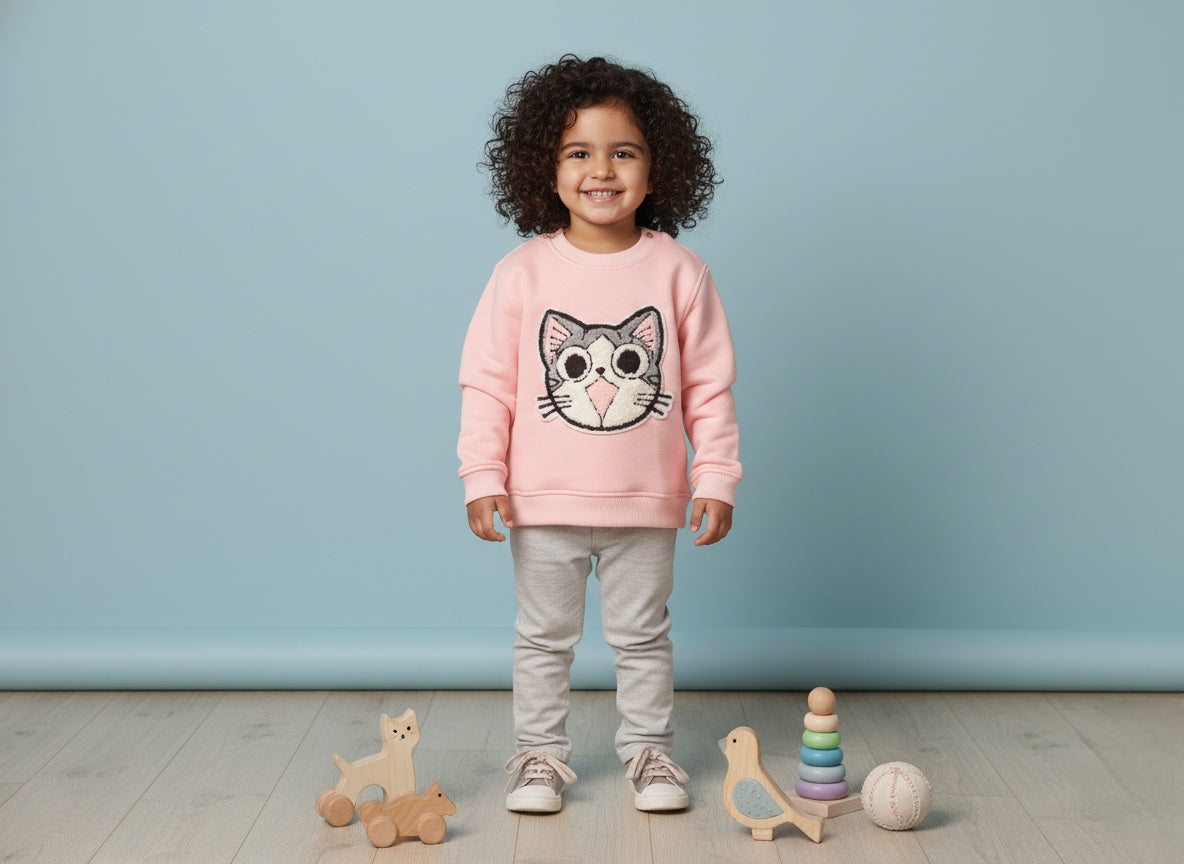 A girl wearing a pink sweatshirt with a cat batch, standing in a room with toys on the floor.