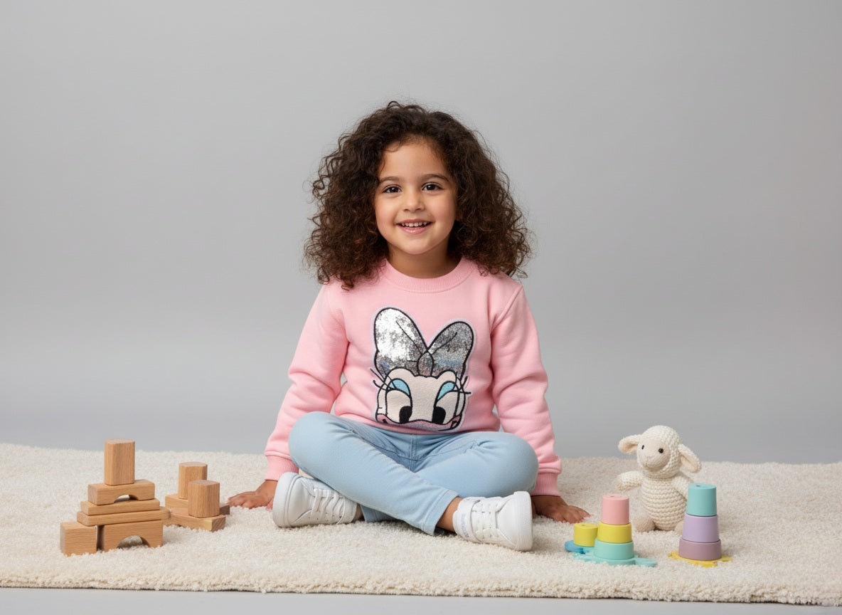 A girl wearing a pink sweatshirt with a daisy character, sitting on the floor with toys around