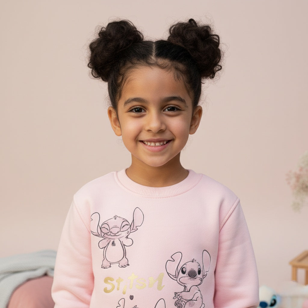 Young girl wearing a pink 'Stitch' sweatshirt with a light background