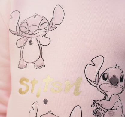 Cartoon character with 'Stitch' text on a pink background