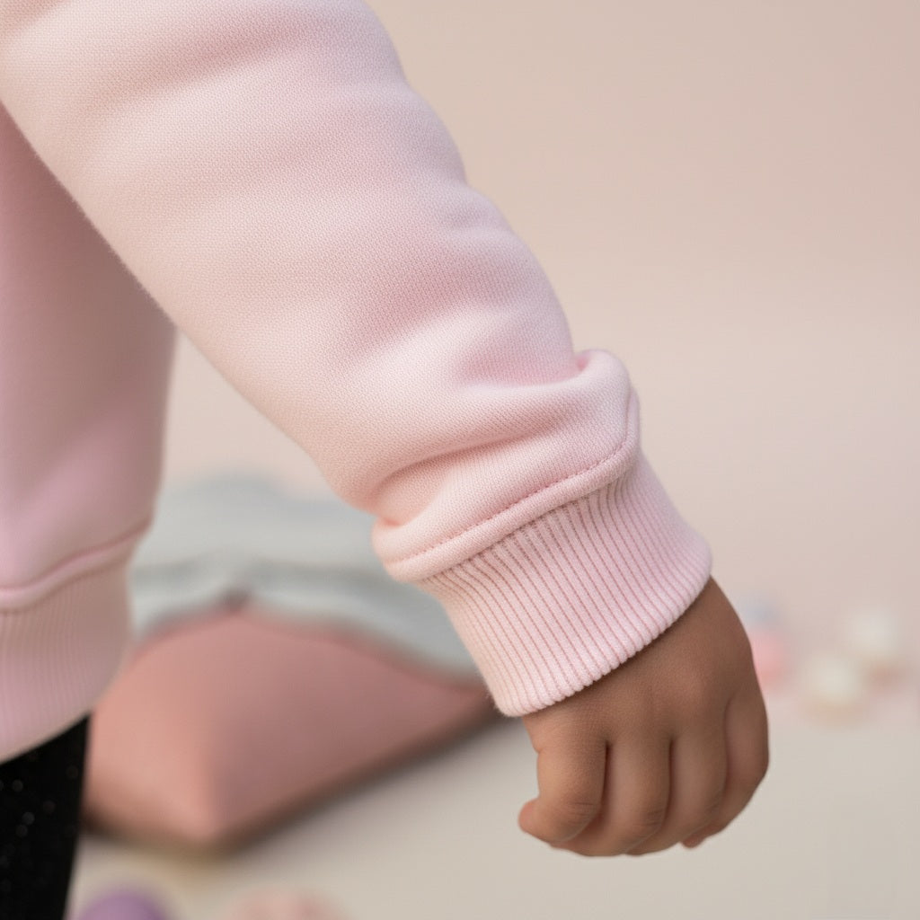 Close-up of a child's hand wearing a pink sleeve with a blurred background